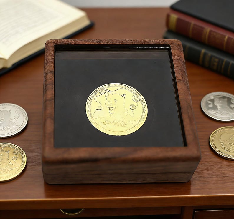 Puede incluir: Una moneda de oro con un dise&ntilde;o detallado de animal se exhibe en una caja de madera con tapa de cristal. Se ven varias otras monedas y un libro. La moneda en la caja es el punto focal, mostrando su intrincada obra de arte.