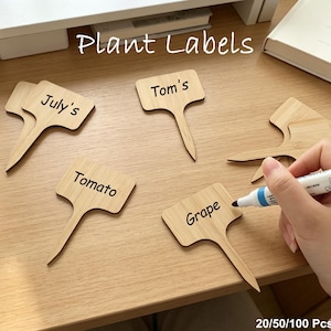 Könnte beinhalten: Pflanzenetiketten aus Holz mit dem Text "Plant Labels" oben. Die Etiketten sind hellbraun mit spitzer Basis und rechteckiger Oberseite. Einige Etiketten tragen Namen wie "July's", "Tom's", "Tomato" und "Grape".