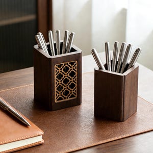 Solid Black Walnut Pen Holder, Handcrafted Desk Organizer, Minimalist Wooden Pencil Cup, Japanese Zen Office Decor, Luxury Executive Gift