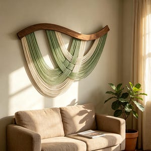 Può includere: Una decorazione da parete con un elemento superiore in legno curvo color marrone scuro e molteplici fili di corda color verde salvia e crema, drappeggiati in un motivo sovrapposto e intrecciato che crea profonde curve sulla parete.