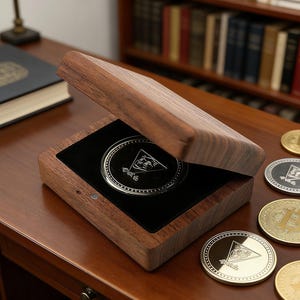 Puede incluir: Una moneda de plata con un dise&ntilde;o triangular dentro de una caja de madera con interior de terciopelo negro. La caja est&aacute; abierta, revelando la moneda. Varias otras monedas son visibles en la superficie de madera.