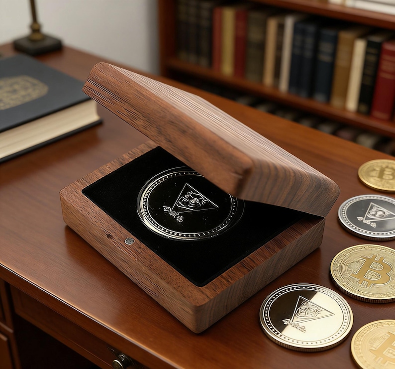 Puede incluir: Una moneda de plata con un dise&ntilde;o triangular dentro de una caja de madera con interior de terciopelo negro. La caja est&aacute; abierta, revelando la moneda. Varias otras monedas son visibles en la superficie de madera.