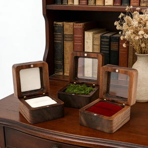 Caja de madera con ventana acrílica para anillos, estuche de compromiso con tapa transparente, pequeña caja para exhibir joyas, soporte personalizado de madera maciza para anillos de boda.