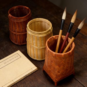 Bamboo Pen Holder, Rustic Woven Pencil Cup, Wabi Sabi Desk Organizer, Eco Friendly Gift