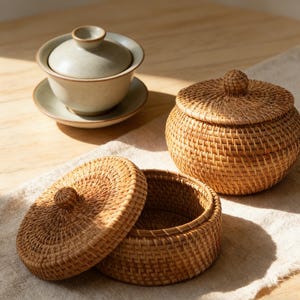 May include: A light green ceramic tea cup with a lid and saucer, alongside two woven rattan storage containers with lids. The containers are round and have a natural, light brown color. The tea set and containers are on a light-colored surface.