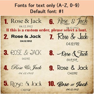 Puede incluir: Un fondo beige muestra diez opciones de fuentes para texto, cada una con los nombres "Rose & Jack" y la fecha "04.12.1912". El texto "Fonts for text only (A-Z, 0-9)" y "Default font: #1" est&aacute;n en la parte superior. Tambi&eacute;n se incluye el texto "If this is a custom order, please select a font".