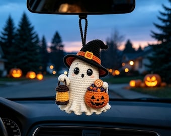 Handmade Crochet Ghost Car Charm, Amigurumi Halloween Decor (8-9cm),Handmade Mirror Accessory, Spooky Car Decor