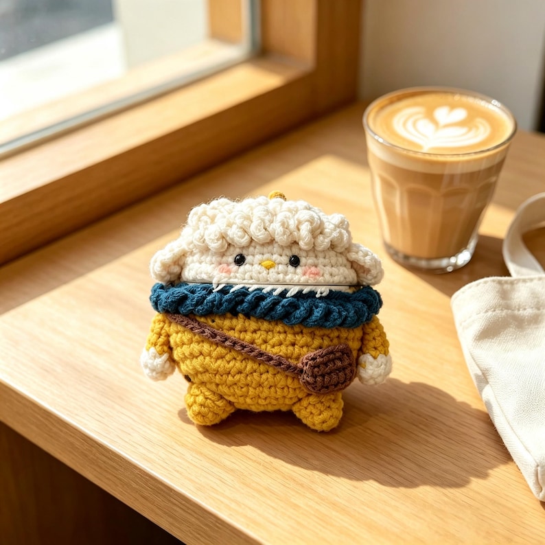 May include: A crochet case for wireless earbuds shaped like a small creature with curly cream-colored hair, a yellow body, a dark blue scarf, and a brown crossbody bag. The figure has black eyes, a yellow beak, and pink cheeks on its face.