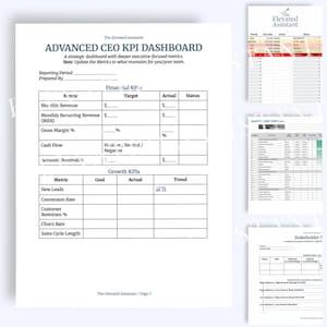 May include: A white document titled "ADVANCED CEO KPI DASHBOARD" with sections for metrics, goals, and actual data. Additional documents with data tables are also present. The documents are designed for business performance tracking.