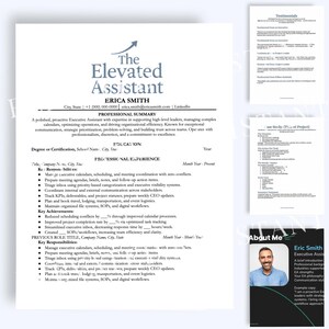 May include: A professional resume template for an Executive Assistant, featuring a clean, minimalist design. The resume includes sections for professional summary, education, experience, and key achievements. Additional pages include testimonials and an 'About Me' section.
