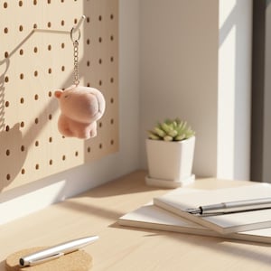 May include: A light pink plush keychain shaped like a small animal hangs from a pegboard. A succulent in a white pot, notebooks, and a pen rest on a wooden desk. The scene is lit by natural light.