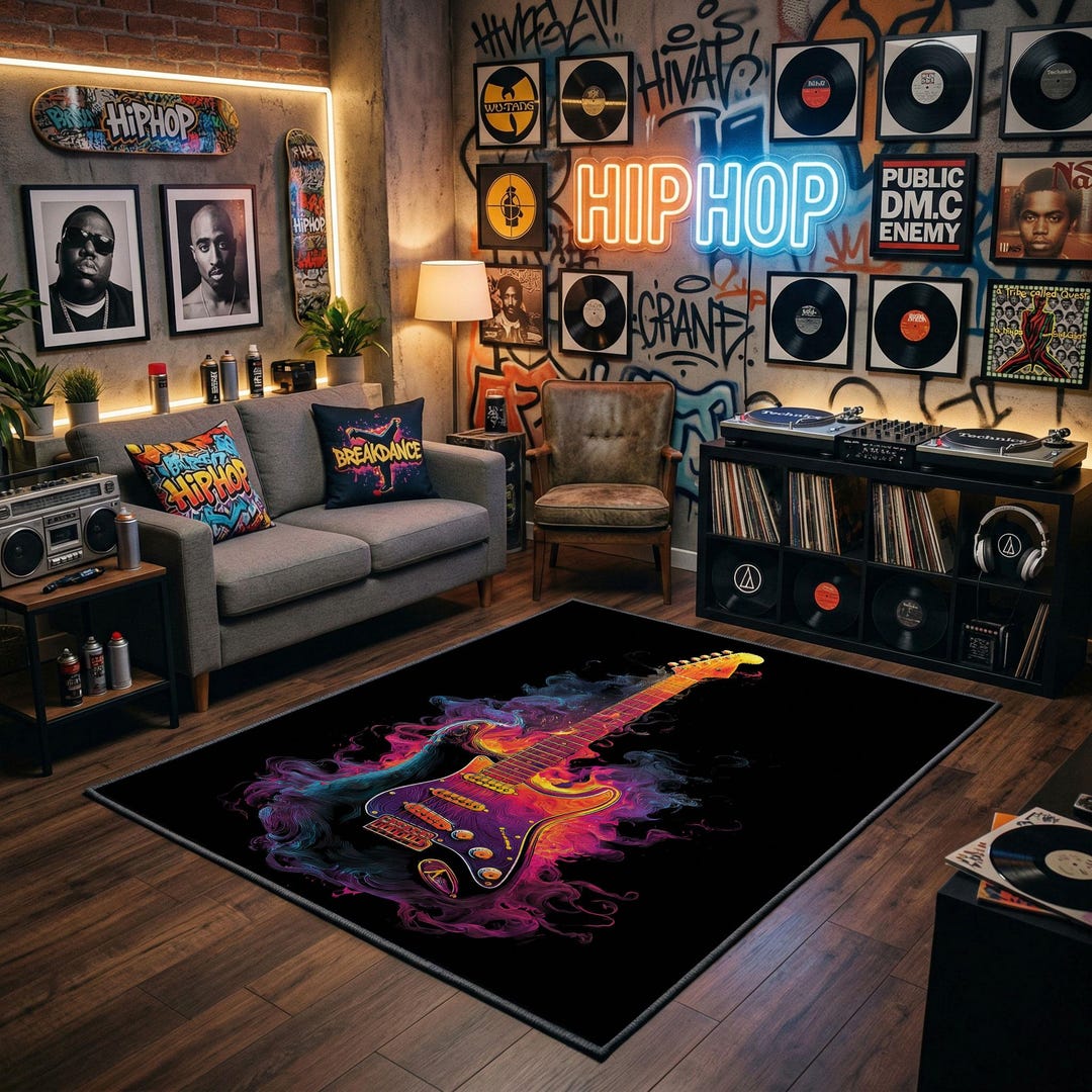 Fire Rug Backround Electric Guitar Fire Rug, Psychedelic Neon Rock Area Rug, Abstract ...
