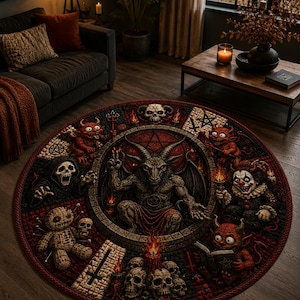 May include: A circular area rug featuring a detailed dark fantasy illustration. The center depicts a horned goat-like figure within a circular frame, surrounded by various figures including a voodoo doll, a clown, skulls, and small red demons.