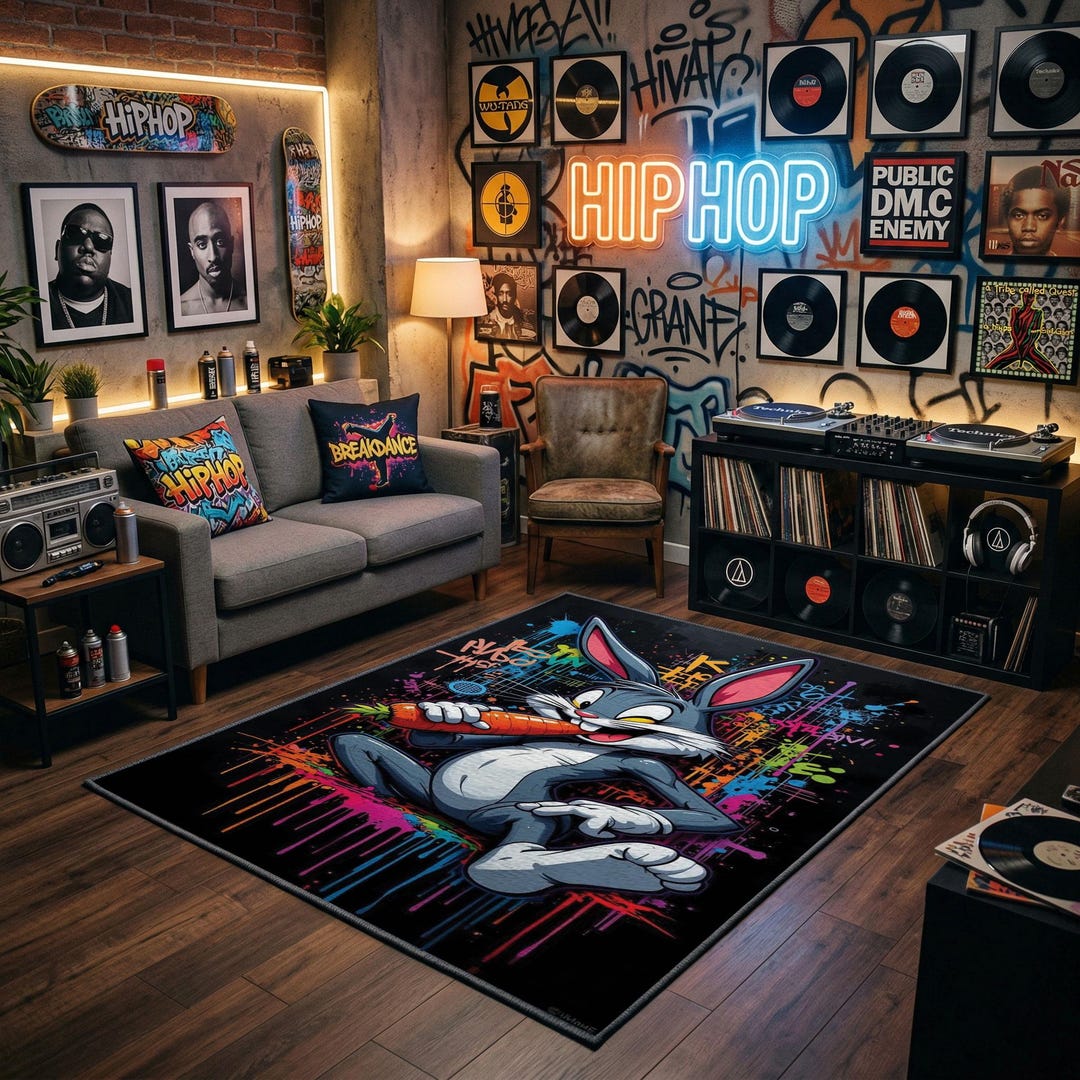 Graffiti Bunny Rug, 90s Nostalgia Street Art Carpet, Urban Pop Culture ...