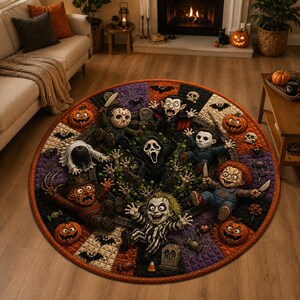 May include: A round area rug featuring a colorful Halloween-themed illustration of various horror movie characters, including a masked slasher, a vampire, a doll, and a ghost, surrounded by pumpkins, bats, spiders, and tombstones on a quilt-like background.