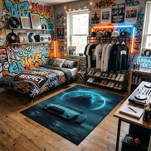 May include: A bedroom with graffiti art, a bed with a "Respect" blanket, and a rug with a car design. The room features a clothing rack, posters, vinyl records, and a DJ setup. The walls are covered in colorful graffiti.