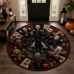 May include: A round area rug featuring a dark, horror-themed design with various iconic movie villains and creatures arranged in a circle around a central figure emerging from a well, accented with small pumpkins, skulls, and spider webs.