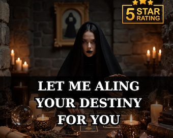 May include: A person in a black hooded cloak sits at a table with candles, a crystal ball, and tarot cards. The text reads: 5 STAR RATING, LET ME ALING YOUR DESTINY FOR YOU, DETAILED REPORT | FAST RESULTS. The setting is a dark stone room.