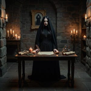 May include: A woman in a black dress and veil stands behind a wooden table in a stone room. Candles and scrolls are on the table. A painting of a cloaked figure hangs on the stone wall. The scene is dimly lit.