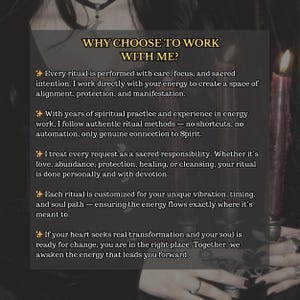 May include: A dark image with text that reads "WHY CHOOSE TO WORK WITH ME?" followed by bullet points describing spiritual practices. The image includes a lit red candle and a person's hand.