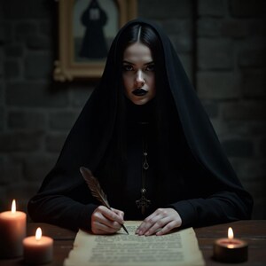 May include: A person in a black hooded cloak writing with a quill pen on aged paper. The scene is lit by candlelight, creating a dark, gothic atmosphere. A cross pendant hangs from a necklace. The background includes a brick wall and a framed picture.