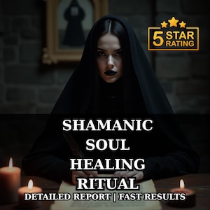 May include: A person wearing a black hooded garment with dark lipstick, positioned behind a wooden table with three lit candles and a document. The text reads: 5 STAR RATING, SHAMANIC SOUL HEALING RITUAL, DETAILED REPORT | FAST RESULTS.
