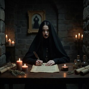 May include: A person in a black hooded cloak writing with a quill on parchment at a wooden table. Lit candles, scrolls, and bottles surround the person in a dimly lit room with stone walls. A framed image hangs on the wall.