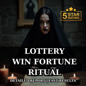 Könnte beinhalten: Ein Bild mit dem Text "LOTTERY WIN FORTUNE RITUAL". Das Bild zeigt eine Person in schwarzer Kleidung, mit dunklem Make-up und einer 5-Sterne-Bewertungs-Grafik. Die Worte "DETAILED REPORT | FAST RESULTS" sind ebenfalls sichtbar.