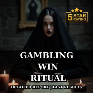 Puede incluir: Imagen de una persona con una capa negra con capucha y maquillaje oscuro, centrada en el encuadre. El texto "GAMBLING WIN RITUAL" se muestra de forma destacada, junto con "DETAILED REPORT | FAST RESULTS". Un gráfico de calificación de estrellas doradas es visible.
