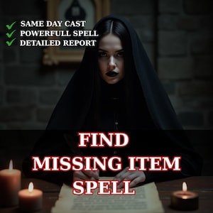 Puede incluir: Imagen de una persona con una capa negra con capucha, con el texto "FIND MISSING ITEM SPELL" en rojo. La imagen también incluye el texto "SAME DAY CAST", "POWERFULL SPELL" y "DETAILED REPORT". Velas encendidas en primer plano.