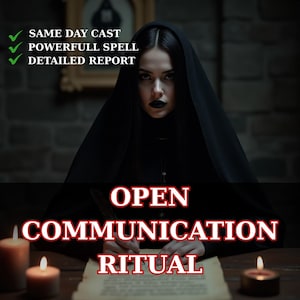May include: An image promoting an "Open Communication Ritual." A person in black attire is writing on parchment. Text includes "Same Day Cast," "Powerfull Spell," and "Detailed Report." Two lit candles flank the parchment, with the words "Open Communication Ritual" in red.