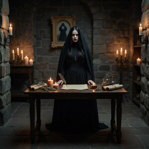 May include: A woman in a black dress and veil stands behind a wooden table in a stone room. Lit candles and scrolls are on the table. A framed portrait hangs on the stone wall. The scene evokes a gothic or historical theme.