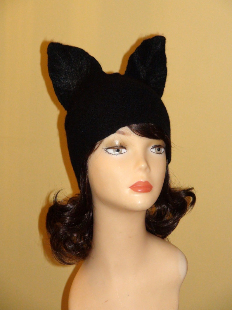 Felted Beanie Fox felted Kat Von D hat Halloween cat hat Skull Cap beanie black winter ski hat