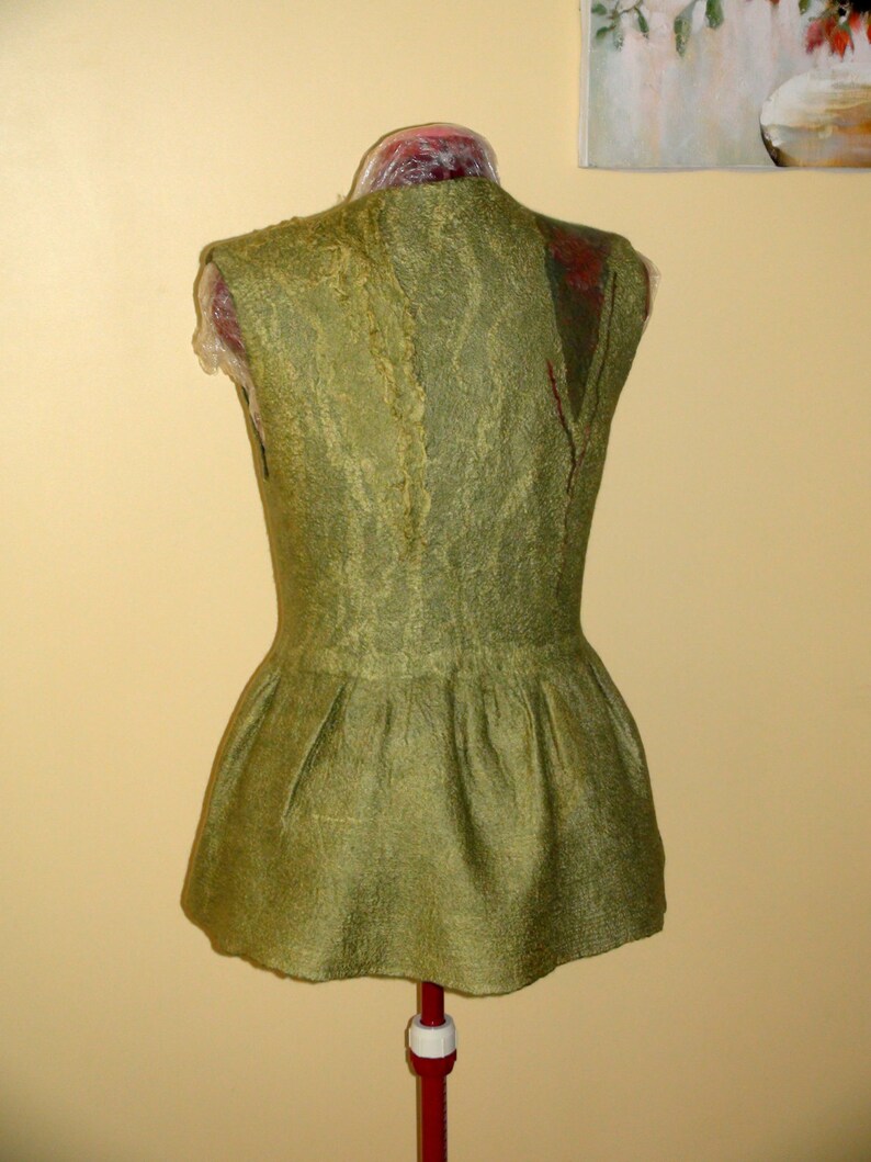 Nuno felted vest olive moss green merino Floral