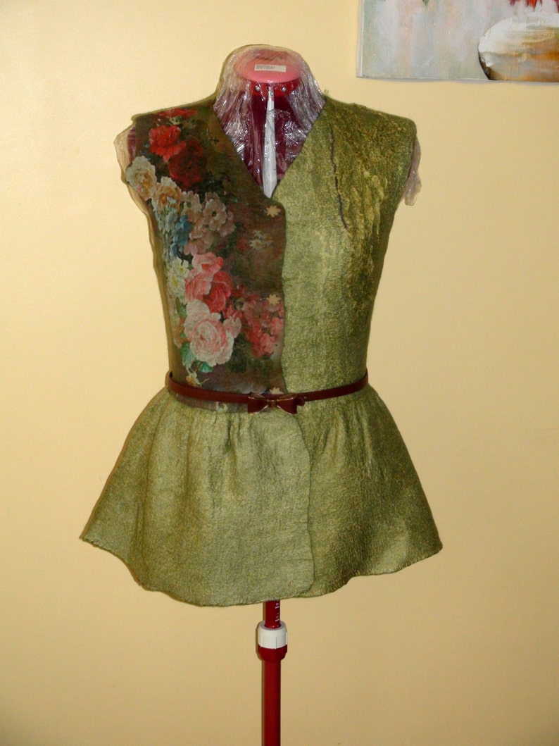 Nuno felted vest olive moss green merino Floral