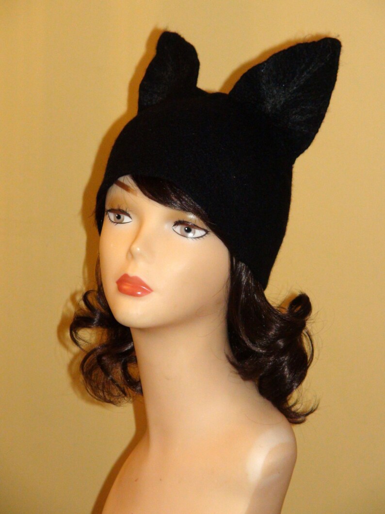 Felted Beanie Fox felted Kat Von D hat Halloween cat hat Skull Cap beanie black winter ski hat