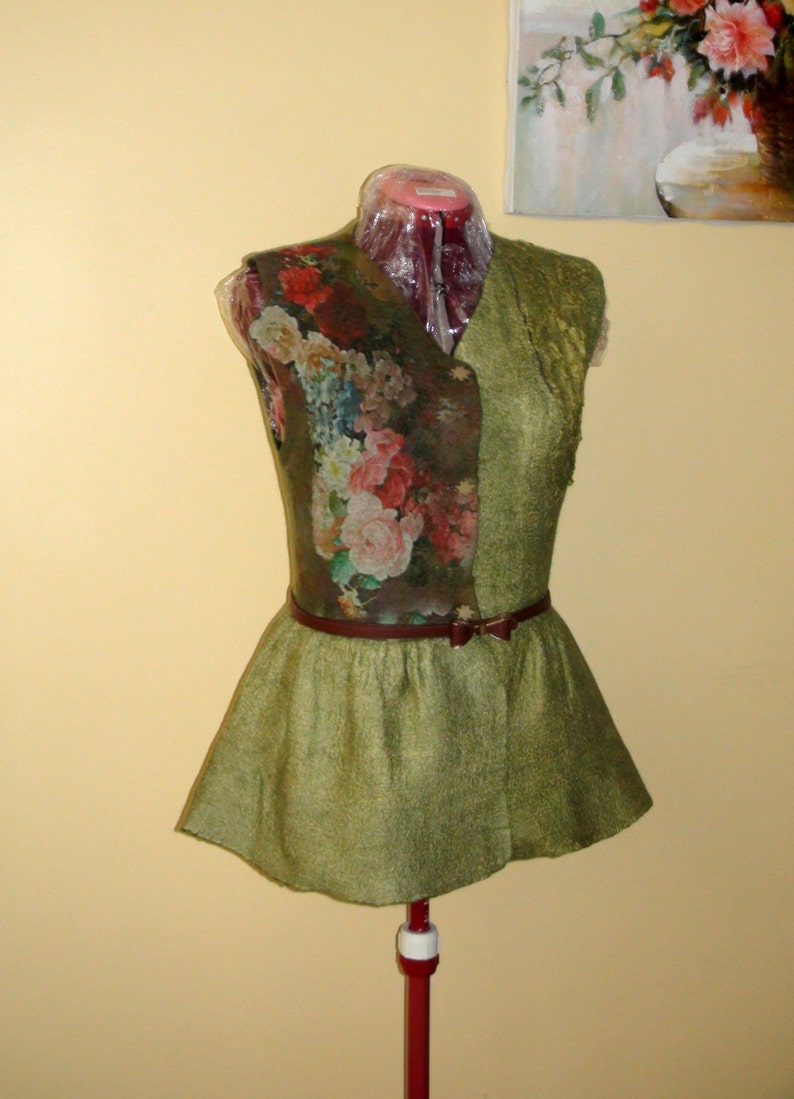 Nuno felted vest olive moss green merino Floral