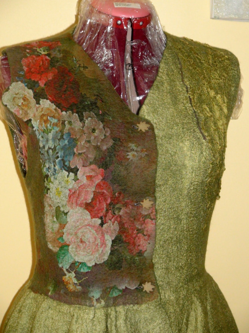 Nuno felted vest olive moss green merino Floral