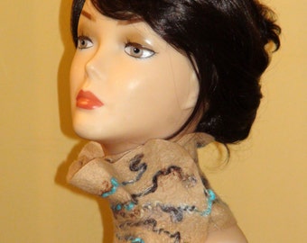 Felted scarf - collar scarflette victorian beige brown turquoise