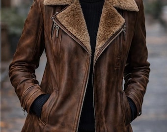 Chaqueta de piel de oveja marrón para mujer: abrigo de aviador de cuero genuino, chaqueta de invierno cálida de piel de oveja, regalo de lujo para ella.