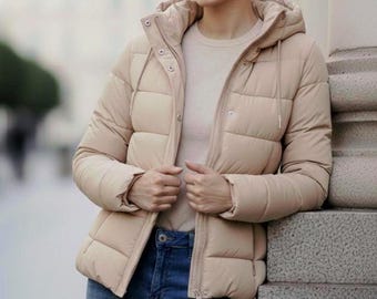 Chaqueta acolchada beige para mujer / Abrigo de invierno acolchado con capucha Chaqueta ligera tipo burbuja