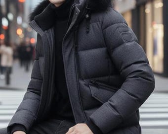 Men’s Winter Puffer Jacket with Fur Hood – Warm Quilted Bubble Jacket Stylish Snow Coat Luxury Thick Winter Jacket for Men Gift for Him