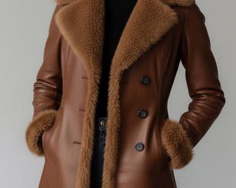 Gabardina de piel marrón para mujer con cuello de piel, estilo borrego