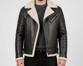 Lammfell-Lederjacke für Herren | Echtes B3 Aviator Bomber Fell gefüttert Winter Motorrad
