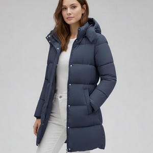 Casaco puffer longo com capuz azul marinho | Jaqueta acolchoada de inverno