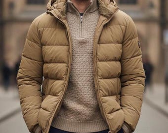 Chaqueta acolchada con capucha para hombre: cálida chaqueta acolchada de invierno para hombre, ligera, aislante, informal, color marrón tostado.