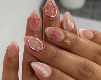 Blush Pink 3D Floral Press-On Nails | Almond French Tip Nails | Soft Girl Glossy Nails | Nude Pink Flower Nails | Glue-On Set