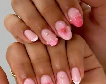 3D Pink Floral Press-On Nails | Soft Pink French Tip Nails |  Almond Nails | Spring Blossom Nail Set | Cute Girly Nails