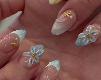 Pastel Floral Press On Nails, Blue Yellow Spring Nails, 3D Embossed Flower Nails, Almond Shape Glue On Nails, Soft Girl Aesthetic Nails