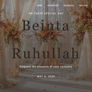 Puede incluir: Diseño de invitación de boda con los nombres "Beinta & Ruhullah" en una fuente estilizada. El diseño incluye arreglos florales y tela drapeada, con la fecha "MAY 9, 2026" en la parte inferior. Una barra de navegación del sitio web está en la parte superior.